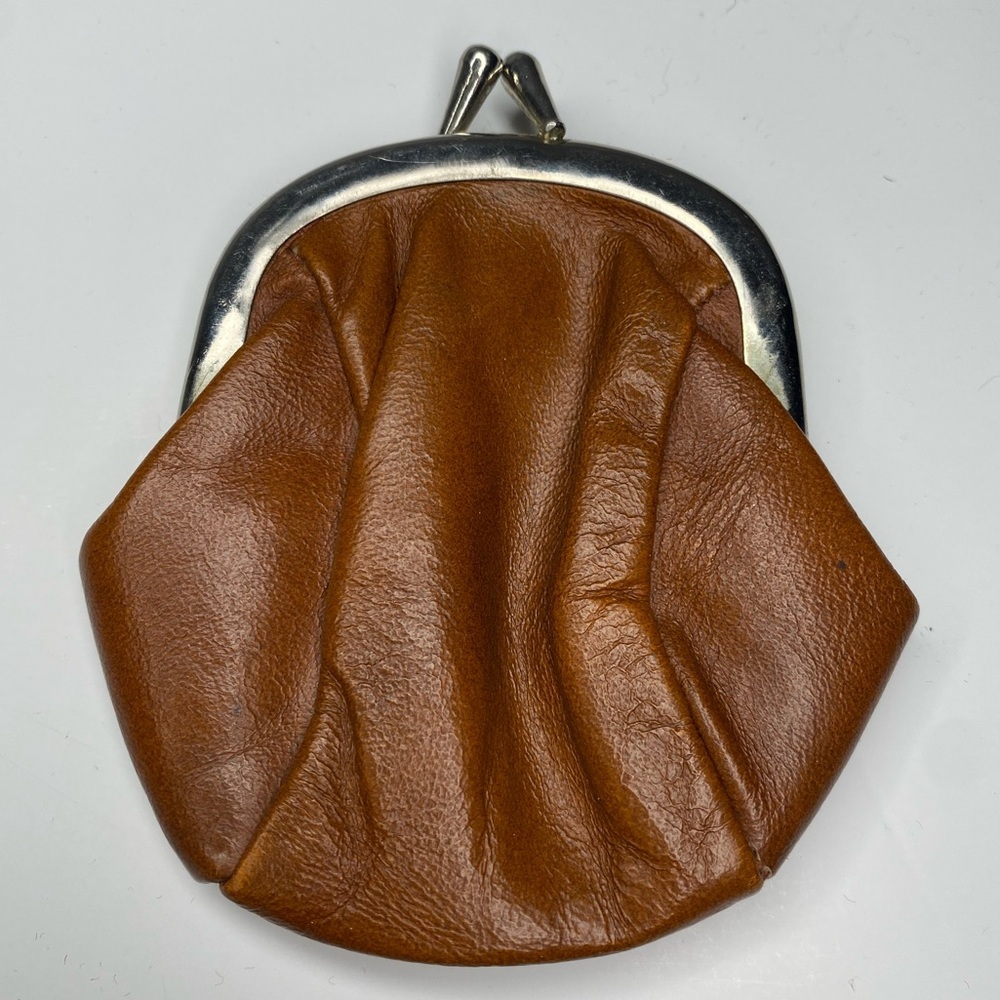 Vintage Brown Leather Coin Purse with Distinct Kiss Lock